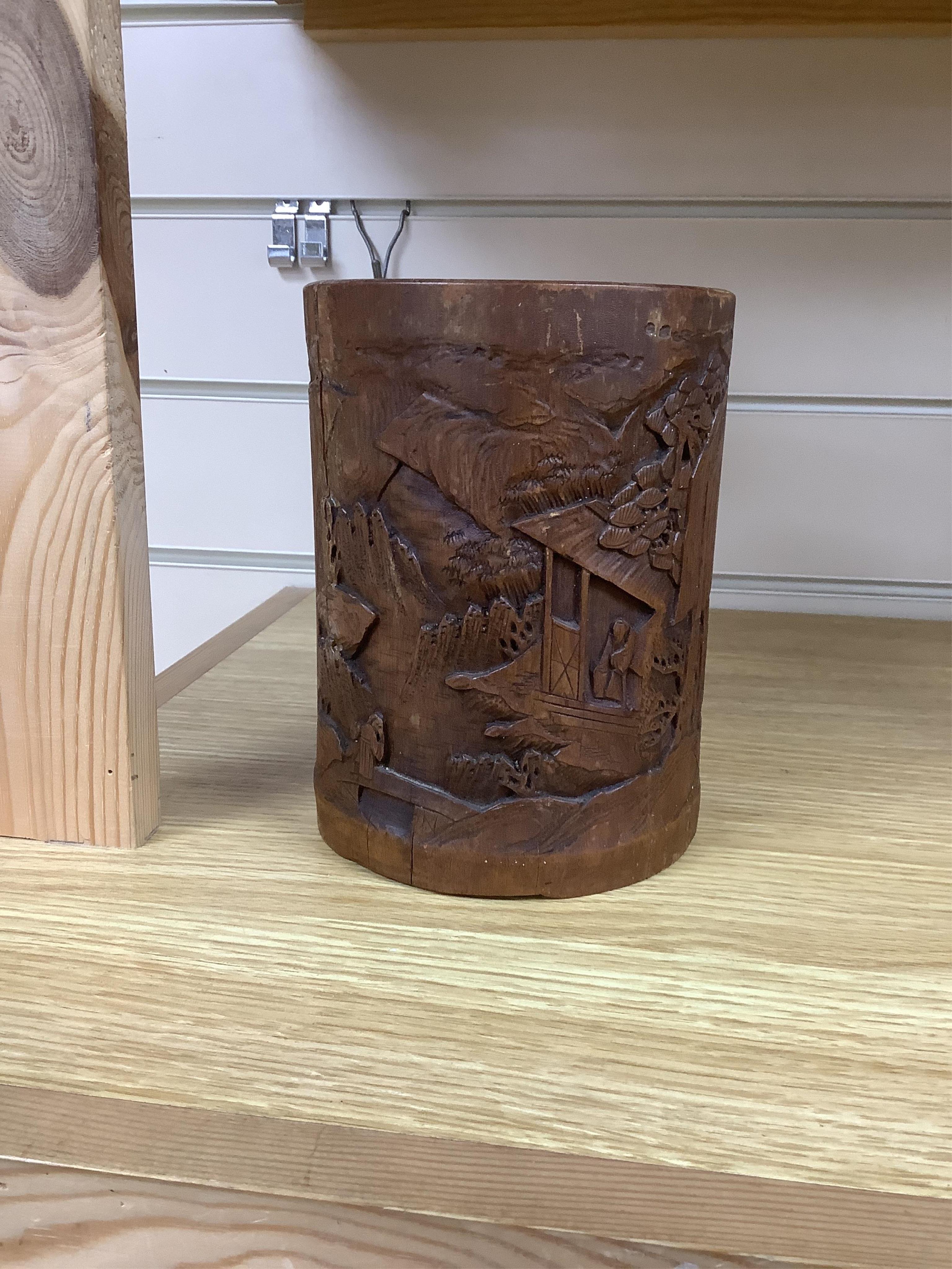 A 19th century Chinese bamboo brushpot and a rootwood and rosewood scholar's stand, root wood stand 30cm wide. Condition - some damage and repairs